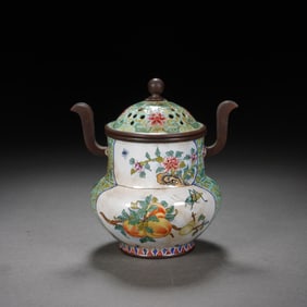 A PAINTED ENAMEL INCENSE BURNER WITH COVER