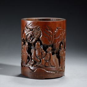 A CARVED BAMBOO FIGURAL STORY BRUSHPOT