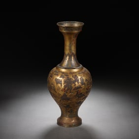 A BRONZE PARTLY GILT FIGURAL STORY VASE