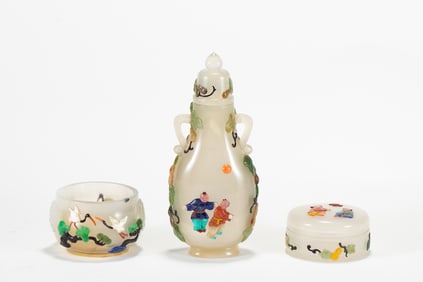 A SET OF THREE HARDSTONES INLAID WHITE JADE INCENSE ITEMS