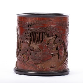 A CARVED BAMBOO FIGURAL STORY BRUSHPOT