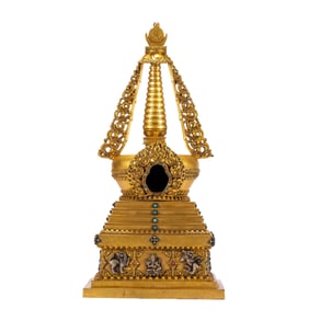 A TIBETAN BRONZE-GILT STUPA