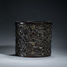 A CARVED ROSEWOOD ZITAN DRAGON BRUSHPOT