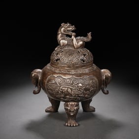 A SILVER ALLOY TRIPOD INCENSE BURNER WITH COVER