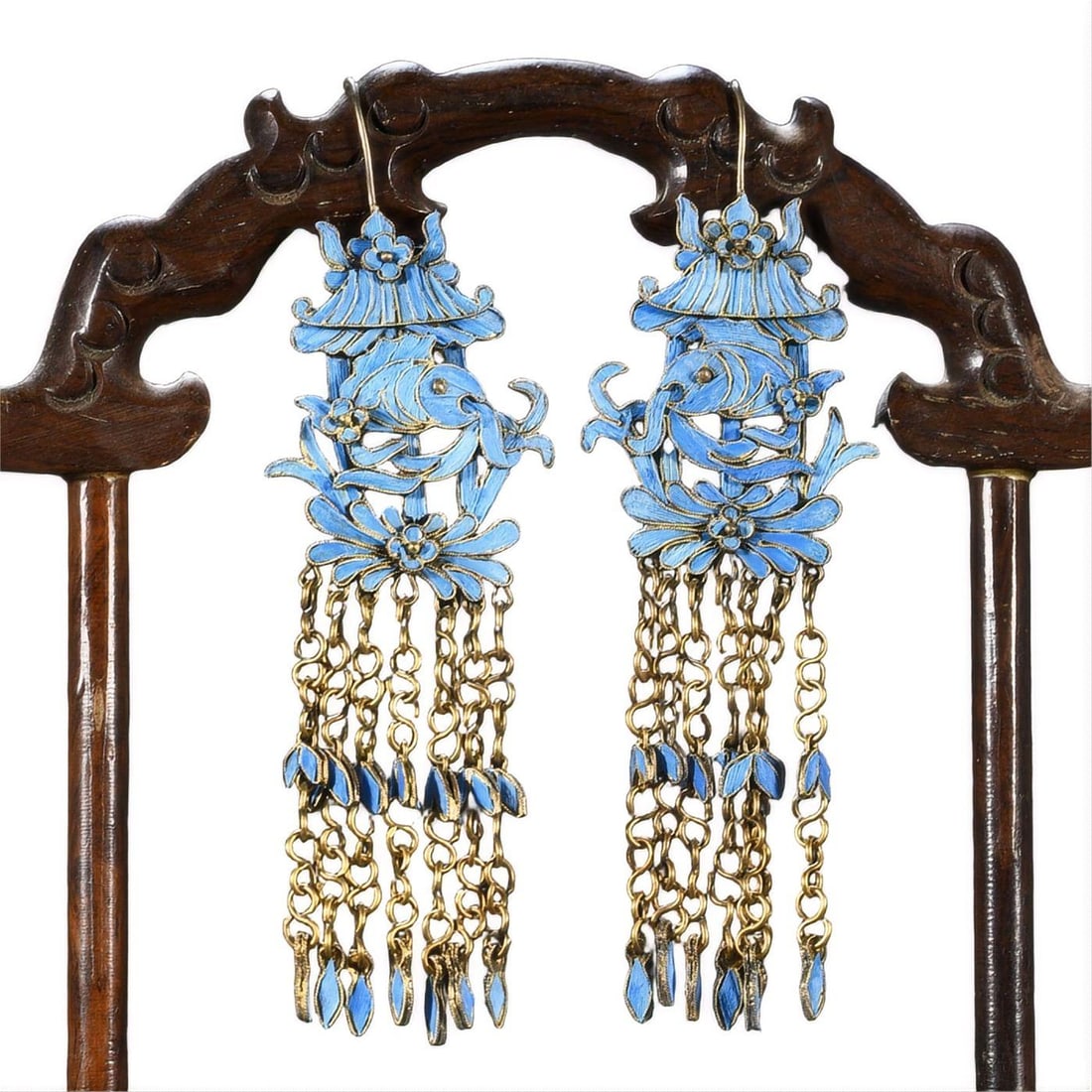 PAIR CHINESE KING-FISHER FEATHER DECORATED SILVER-GILT EARRINGS