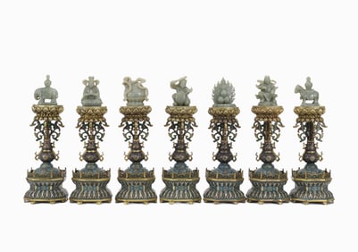 AN EXTREMELY RARE GROUP OF SEVEN IMPERIAL CLOISONNE ENAMEL GILT BRONZE AND WHITE JADE ALTAR EMBLEMS