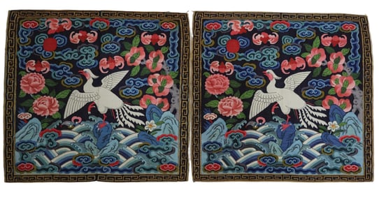 A PAIR OF CHINESE KESI SILK CIVIL RANK BADGES