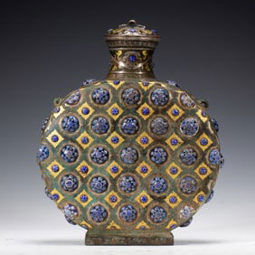 A CHINESE EXTREMELY RARE GOLD AND SILVER INLAID GLASS BEADS INLAID WINE VESSEL HU
