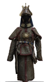A RARE CHINESE SILK ARMOR AND HELMET SET