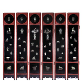 A SET OF HARDSTONES INLAID CARVED CINNABAR LACQUER SIX FOLD SCREENS