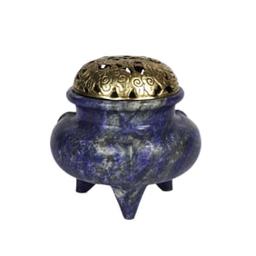 A CARVED LAPIS TRIPOD CENSER WITH COVER