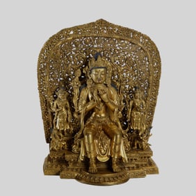 A FINE AND RARE BRONZE-GILT MAITREYA WITH ACOLYTES