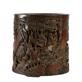 A CARVED BAMBOO FIGURAL STORY BRUSHPOT