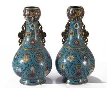 PAIR CLOISONNE ENAMEL LOTUS SCROLLS VASES