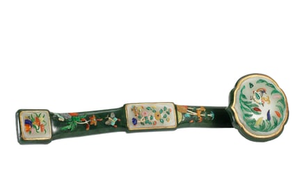 A FINE HARDSTONES INLAID SPINACH GREEN JADE RUYI SCEPTER
