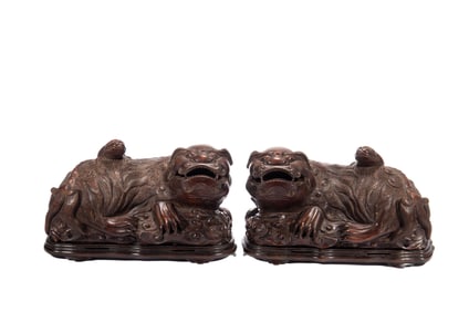 PAIR CARVED BAMBOO LIONS