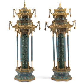 PAIR CARVED SPINACH GREEN JADE INLAID CLOISONNE ENAMEL PAGODAS