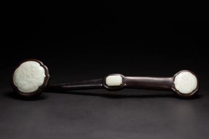 A CARVED WHITE JADE PLAQUES INLAID RUYI SCEPTER