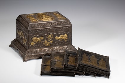 A VERY RARE SILVER PARTLY GILT BUDDHIST STORY ALBUM WITH BOX