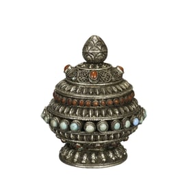 A HARDSTONES INLAID JAR WITH COVER