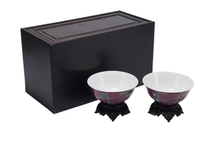 PAIR FAMILLE ROSE PORCELAIN BAMBOO BOWLS