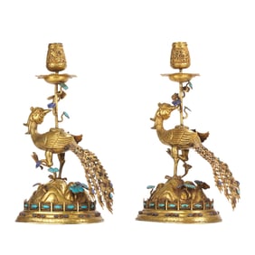 PAIR FINE HARDSTONES INLAID BRONE-GILT LAMP HOLDERS