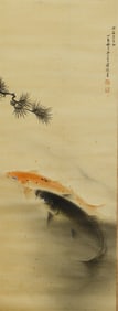 A CHINESE PAINTING OF DOUBLE CARPS SIGNED PURU