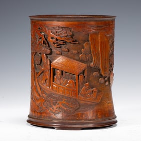 A CARVED BAMBOO FIGURAL STORY BRUSHPOT