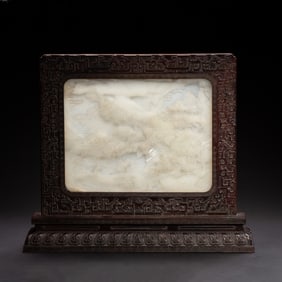 A CARVED WHITE JADE INLAI ROSEWOOD ZITAN TABLE SCREEN