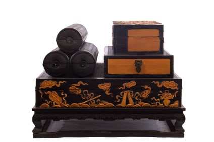 A FINE CARVED BAMBO INLAID ROSEWOOD ZITAN LITERATI BOX