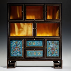 A CLOISONNE ENAMEL INLAID ANATTO-WOOD TREASURE CARBINET