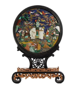 A FINE HARDSTONES INLAID LAPIS TABLE SCREEN
