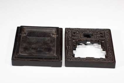 A CARVED INKSTONE WITH ROSEWOOD ZITAN BOX