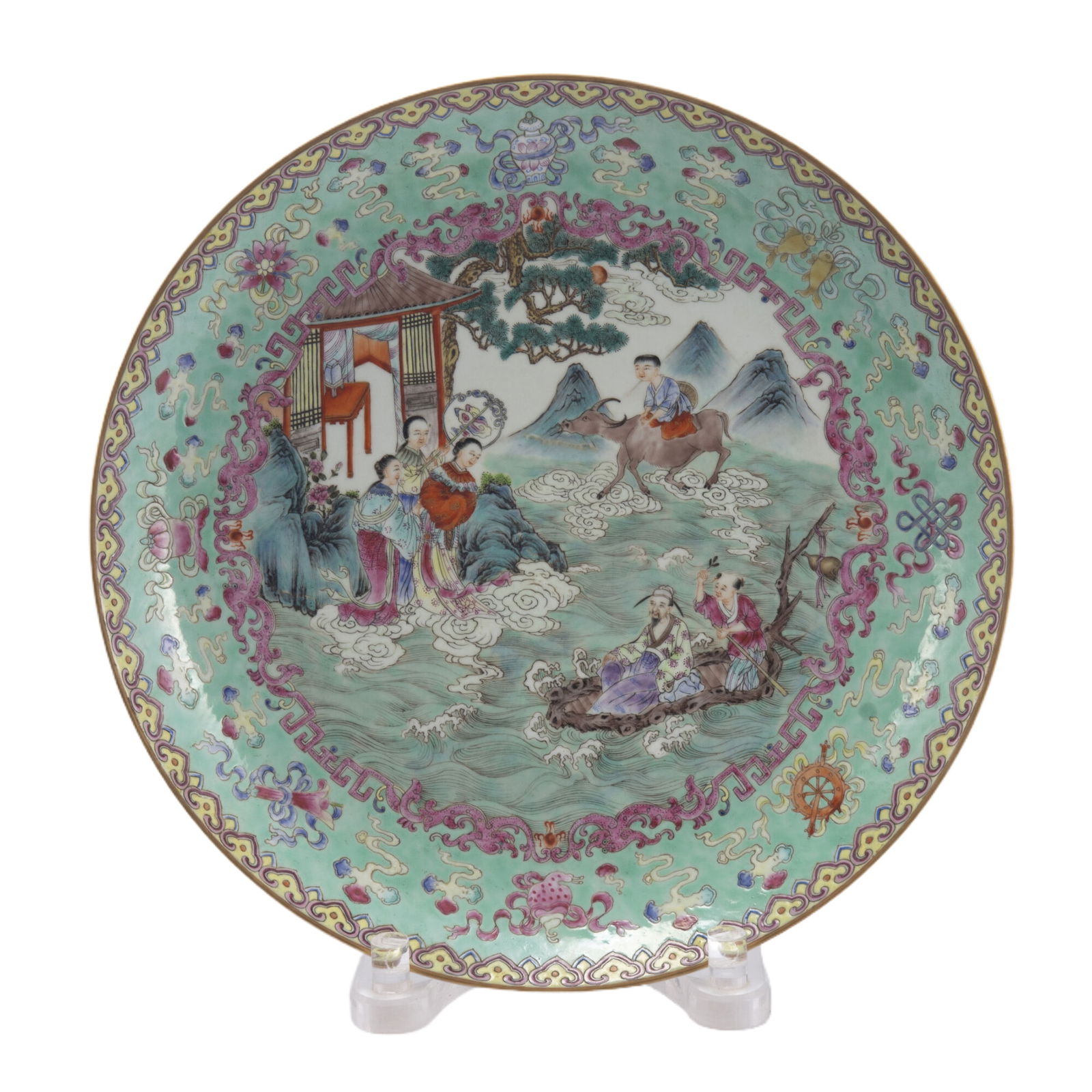 A CHINESE FAMILLE ROSE VIEWS PLATE WITH EIGHT TREASURES FIGURE MOTIF/QING DYNASTY (1 of 9)
