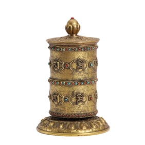 A HARDSTONES INLAID BRONZE-GILT PRAYER WHEEL