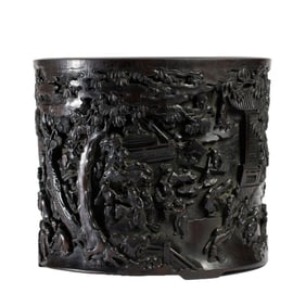 A CARVED ROSEWOOD FIGURAL STORY BRUSHPOT