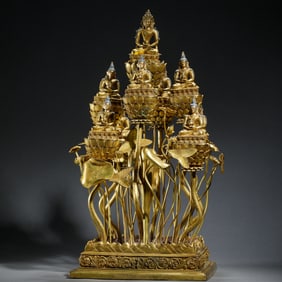 A FINE AND RARE BRONZE-GILT AMITAYUS AND ATTENDANTS GROUP