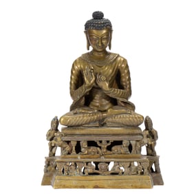 A COPPER ALLOY SEATED MAITREYA