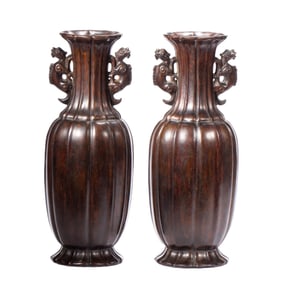 PAIR CARVED ALOES-WOOD CHENXIANG LOBED VASES