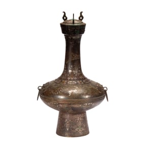 A FINE GOLD AND SILVER INLAID BRONZE VESSEL HU