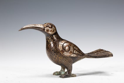 A VERY RARE GOLD AND SILVER INLAID BRONZE MYTHICAL BIRD DECORATION
