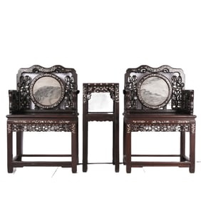 PAIR MOP INLAID ANATTO WOOD ARM-CHAIRS AND TABLE