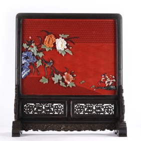 A FINE HARDSTONES INLADI ROSEWOOD TABLE SCREEN