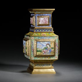 A PAINTED ENAMEL FIGURAL STORY VASE