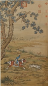 A CHINESE PAINTING OF HUNTING SCENE SIGNED LANG SHINING
