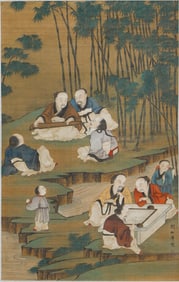 A CHINESE PAINTING OF SCHOLARS GATHERING SIGNED LIU SONGNIAN