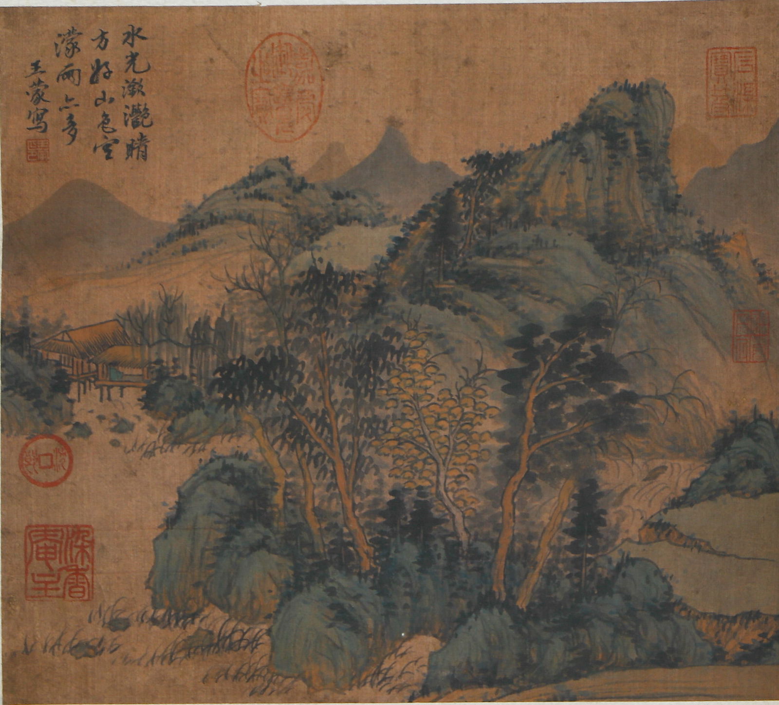 A CHINESE PAINTING OF HUNT IN WOODS SIGNED WANG MENG: A CHINESE PAINTING OF HUNT IN WOODS SIGNED WANG MENG Painting depicting hut in woods, panel, ink and color on satin, dated and signed Wang Meng, with seals of artist and collectors. Dimension: Image o