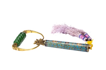 A CLOISONNE ENAMEL AND JADE COSMETIC ROLLING TOOL