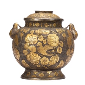 A BRONZE PARTLY GILT JAR WITH COVER