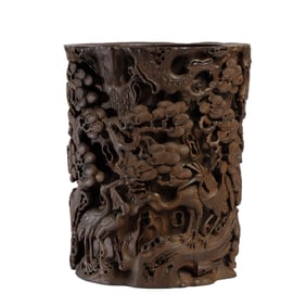 A RARE CARVED ALOESWOOD CHENXIANG CRANES BRUSHPOT